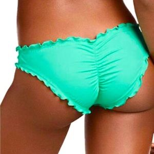 Victoria’s Secret Teal Ruffle “cheeky” style swim bottoms with ruched detail